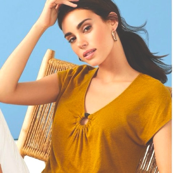 Ann Taylor Factory linen blend short sleeve ring top size M. - Picture 3 of 7